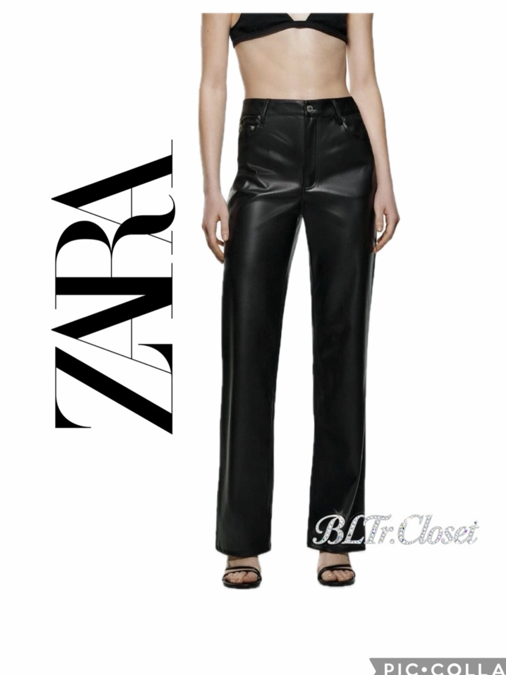 Zara Black Faux Leather Straight Leg Pants Sz 8 Minimalist Goth Dark Academia‎